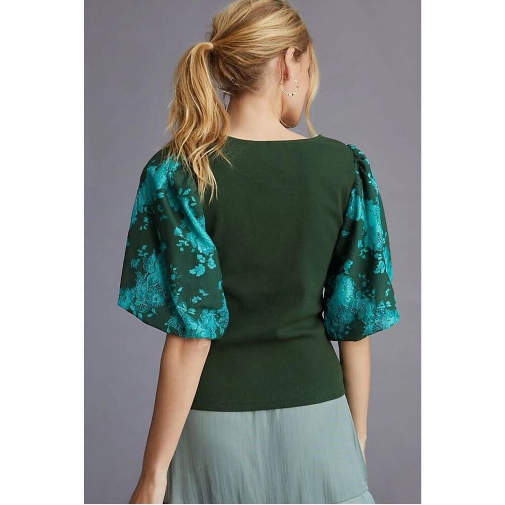 NWOT Anthropologie Dolan Womens V-neck Lace Puff Sleeve Top Holly Green Large - Picture 3 of 15